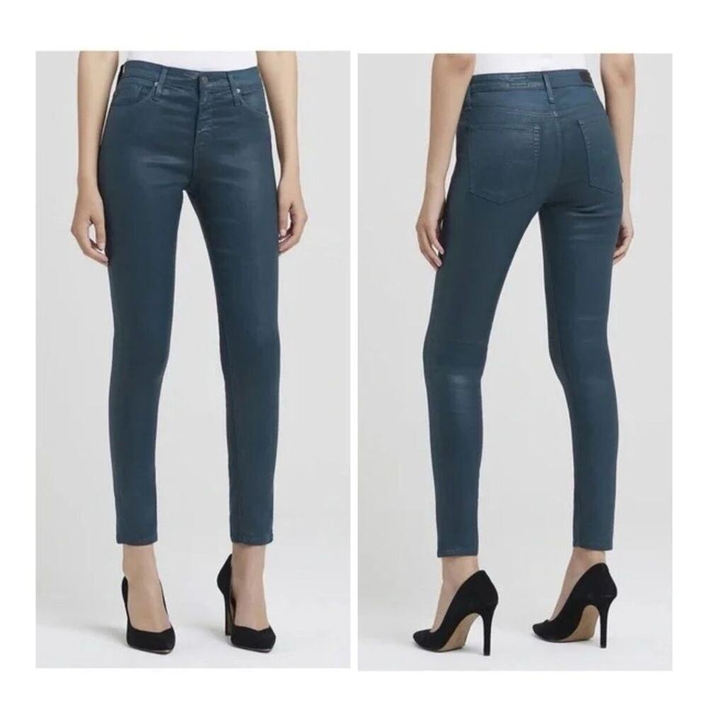 AG Adriano Goldschmied Teal The Farrah Skinny Ankle Mid Rise Leatherette Jeans